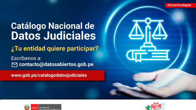 Es un banner con imágenes de una balanza y detalles de la página de campaña del Catálogo Nacional de Datos Judiciales