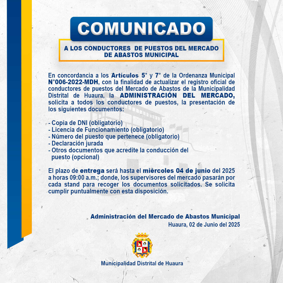 𝗖𝗢𝗠𝗨𝗡𝗜𝗖𝗔𝗗𝗢
▶ 𝗔 𝗟𝗢𝗦 𝗖𝗢𝗡𝗗𝗨𝗖𝗧𝗢𝗥𝗘𝗦 𝗗𝗘 𝗣𝗨𝗘𝗦𝗧𝗢𝗦 𝗗𝗘 𝗘𝗫𝗣𝗘𝗡𝗗𝗜𝗢 𝗗𝗘𝗟 𝗠𝗘𝗥𝗖𝗔𝗗𝗢 𝗗𝗘 𝗔𝗕𝗔𝗦𝗧𝗢𝗦 𝗗𝗘 𝗟𝗔 𝗘𝗡𝗧𝗜𝗗𝗔𝗗 𝗠𝗨𝗡𝗜𝗖𝗜𝗣𝗔𝗟.