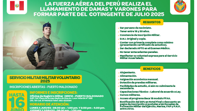 flyer del llamamiento servicio militar voluntario en las Fuerzas Aéreas del Perú