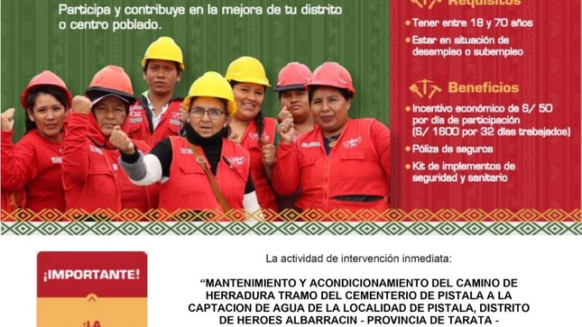 La Municipalidad Distrital Héroes Albarracín - Chucatamani, te invita a participar al Programa Llamkasun Perú