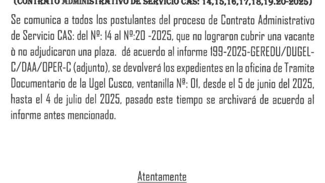 Comunicado CAS N° 14, 15, 16, 17, 18, 19 y 20 - Oficina de Tramite Documentario