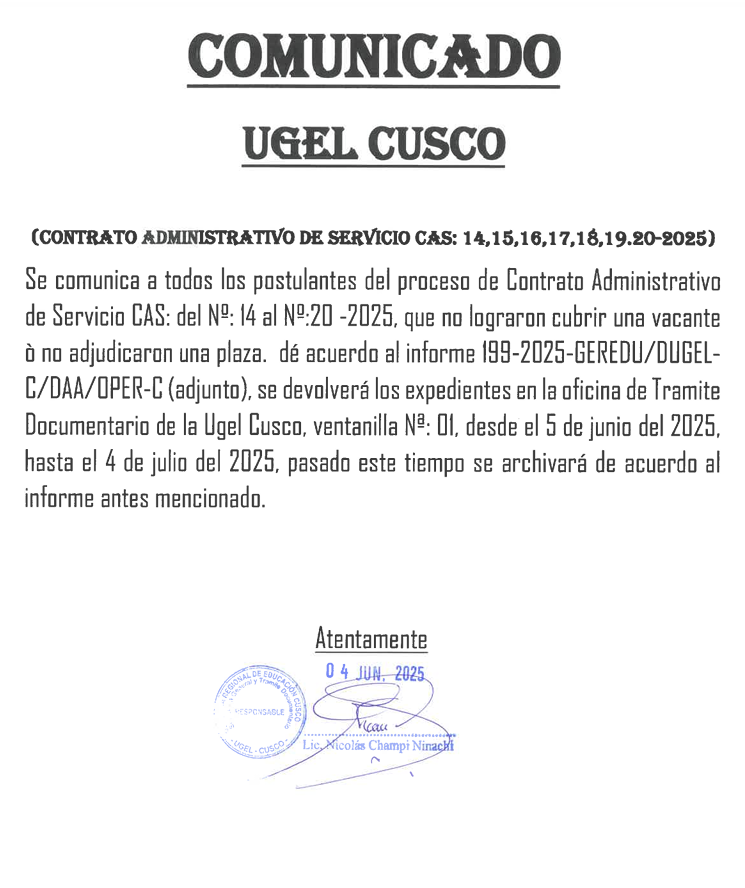 Comunicado CAS N° 14, 15, 16, 17, 18, 19 y 20 - Oficina de Tramite Documentario