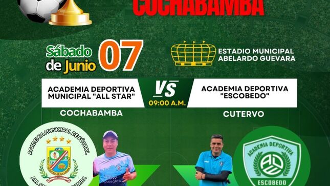 La Municipalidad Distrital de Cochabamba te invita a disfrutar del Encuentro Deportivo de Fútbol, en donde participarán nuestros talentos deportivos de la Academia Municipal "All Star", a desarrollarse este sábado 07 de junio a las 9:00 a.m. en el Estadio Municipal "Abelardo Guevara Briones" de nuestro distrito de Cochabamba.

✅️  Disfrutemos entre familia y amigos de este gran evento deportivo que tiene como objetivo la integración de todas nuestras comunidades cochabambinas.