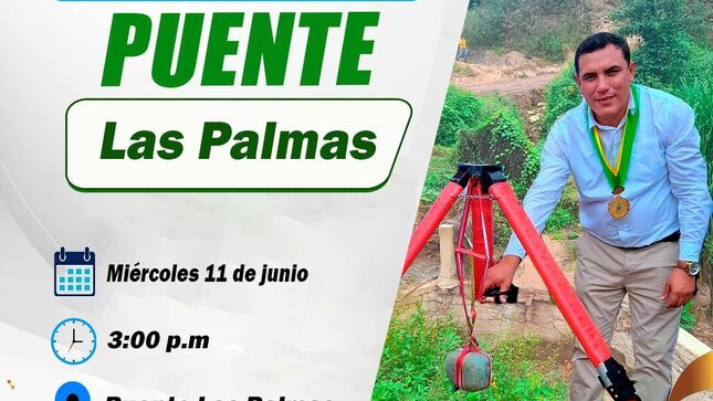 ¡COLOCACIÓN DE PRIMERA PIEDRA DEL PUENTE LAS PALMAS, UNA REALIDAD!
La Municipalidad de Querocotillo tiene el honor de invitar a la población a la ceremonia de colocación de la primera piedra del Puente Las Palmas. 
📅 Fecha: Miércoles 11 de junio
🕚 Hora: 3:00 p.m.
📍 Lugar: Puente Las Palmas.
💪 Gestión con resultados.
#JuntosPorUnQuerocotilloMejor