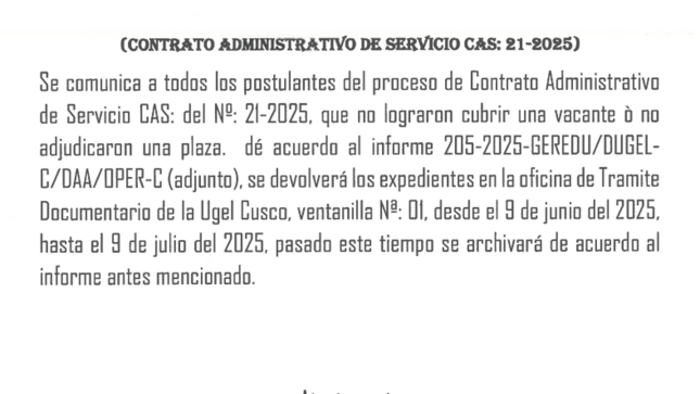 Comunicado Contrato Administrativo de Servicios CAS N° 21-20258