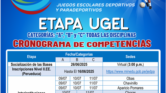 UGEL YAROWILCA
Juegos Escolares Deportivos y Paradeportivos (JEDPA)
Etapa UGEL – Categorías A, B y C (Todas las disciplinas)

📌 Fechas importantes
🔹 Socialización de las Bases
📅 26 de junio de 2025
🕒 Hora: 3:00 p.m.
📍 Modalidad: Virtual
🔗 Enlace: https://www.minedu.gob.pe/jedpa

🔹 Inscripciones – Nivel Institución Educativa (Perueduca)
📅 Hasta el 16 de junio de 2025

📣 ¡Motivamos a todas las instituciones educativas a participar con entusiasmo y disciplina!