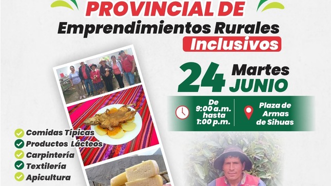 𝐆𝐑𝐀𝐍 𝐅𝐄𝐑𝐈𝐀 𝐏𝐑𝐎𝐕𝐈𝐍𝐂𝐈𝐀𝐋 𝐃𝐄 𝐄𝐌𝐏𝐑𝐄𝐍𝐃𝐈𝐌𝐈𝐄𝐍𝐓𝐎𝐒 𝐑𝐔𝐑𝐀𝐋𝐄𝐒 𝐈𝐍𝐂𝐋𝐔𝐒𝐈𝐕𝐎𝐒
📅 24 de junio | 9:00 a.m. - 1:00 p.m.
📍 Plaza Independencia - Sihuas
¡𝐋𝐥𝐞𝐠𝐨́ 𝐥𝐚 𝐈𝐈 𝐄𝐝𝐢𝐜𝐢𝐨́𝐧 𝐪𝐮𝐞 𝐞𝐬𝐩𝐞𝐫𝐚𝐛𝐚𝐬!
Haku Wiñay – FONCODES  Áncash 2025 te invitan a vivir una experiencia única.
🍽️ 𝐂𝐨𝐦𝐢𝐝𝐚𝐬 𝐭𝐢́𝐩𝐢𝐜𝐚𝐬 que deleitarán tu paladar
🥛 𝐏𝐫𝐨𝐝𝐮𝐜𝐭𝐨𝐬 𝐥𝐚́𝐜𝐭𝐞𝐨𝐬 frescos y artesanales
🪑 𝐂𝐚𝐫𝐩𝐢𝐧𝐭𝐞𝐫𝐢́𝐚 con diseños únicos y de calidad
🧵 𝐓𝐞𝐱𝐭𝐢𝐥𝐞𝐫𝐢́𝐚 tradicional hecha con técnicas ancestrales
🍯 𝐀𝐩𝐢𝐜𝐮𝐥𝐭𝐮𝐫𝐚 con miel pura y productos derivados
¡Ven en familia y apoya el talento local!
Una mañana perfecta para conectar con nuestras raíces, disfrutar productos de calidad y fortalecer nuestra economía local.