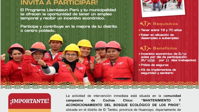 Puestos de trabajo temporal programa LLAMKASUN PERÚ