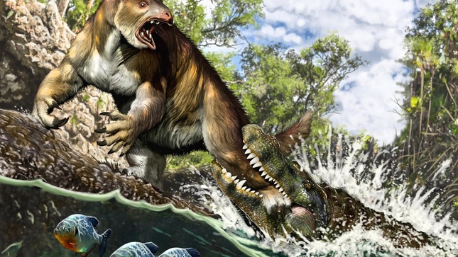 Reconstrucción artística del ataque de un Purussaurus joven a sub-adulto perezoso terrestre Pseudoprepotherium en un pantano de la proto-Amazonia. 