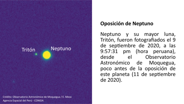 Neptuno y su mayor luna, Tritón, fotografiados el 9 de septiembre del 2020 a las 9:57:31pm (hora peruana) desde el Observatorio Astronómico de Moquegua. Éste es un recorte de 3.8'x1.9' (minutos de arco) de la imagen original , siendo la distancia angular entre los fotocentros de Neptuno y Tritón de 11" (segundos de arco) aproximadamente.