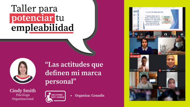 A la derecha Imagen con los participantes del taller de empleabilidad "Las actitudes que definen mi marca personal". A la izquierda, imagen de la expositora, Cindy Smith.