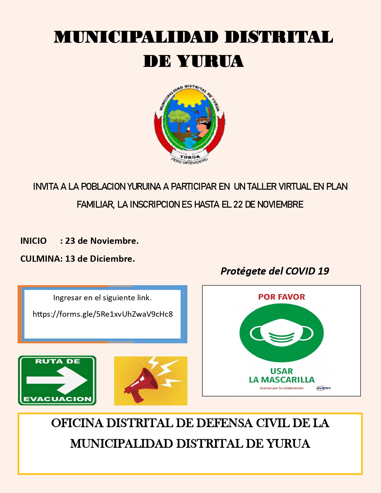 Municipalidad de Yurúa hace la invitación al taller virtual en Plan Familiar