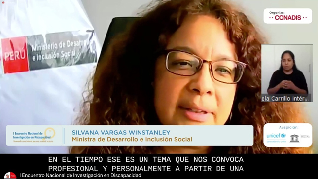 Imagen de la ministra de Desarrollo e Inclusión Social, Silvana Vargas, participando del I Encuentro Nacional de Investigación sobre Discapacidad.