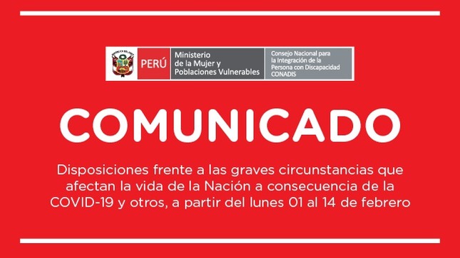 Imagen con fondo rojo y letras blancas que dicen .Comunicado y disposiciones frente a las graves circunstancias que afectan a la Nación debido a la Covid 19, a partir del lunes 01 al 14 de febrero 