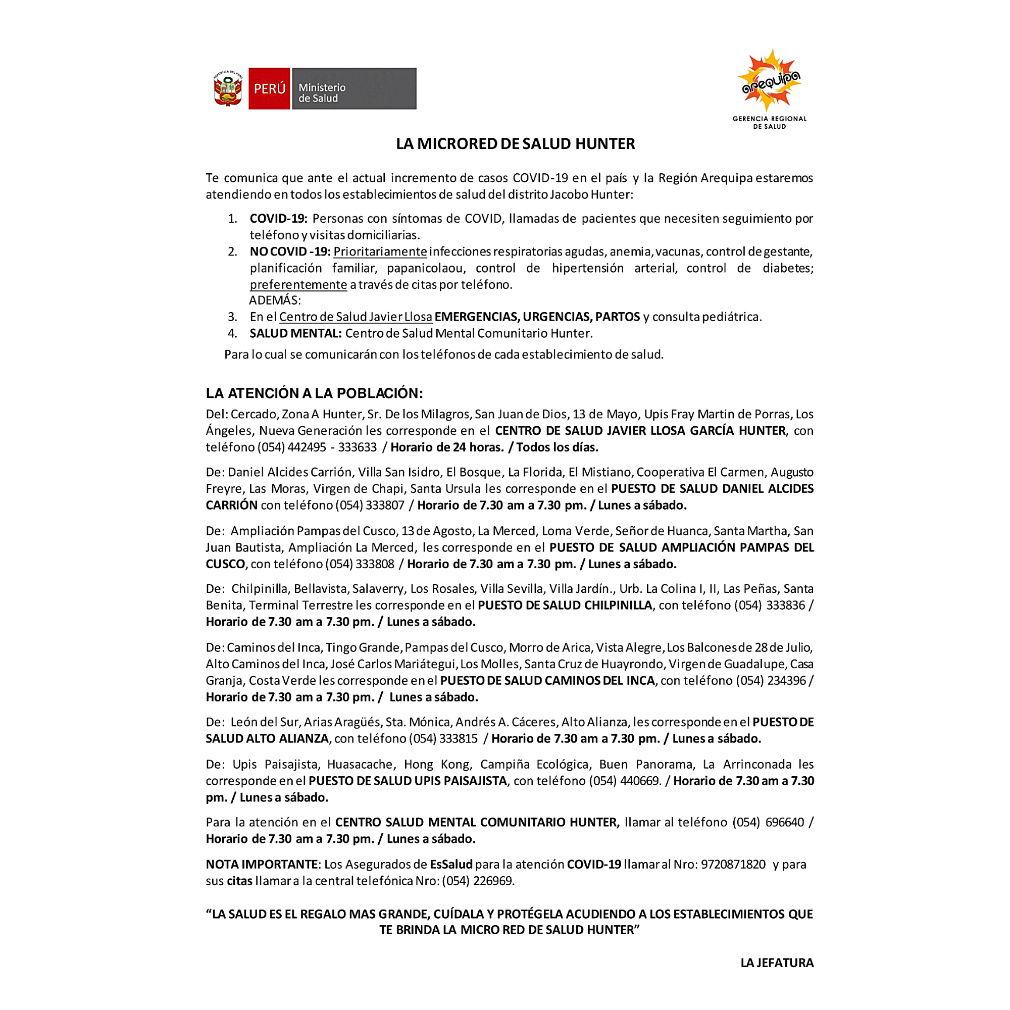 ▶️MICRORED DE SALUD HUNTER 
Comunica 👇
