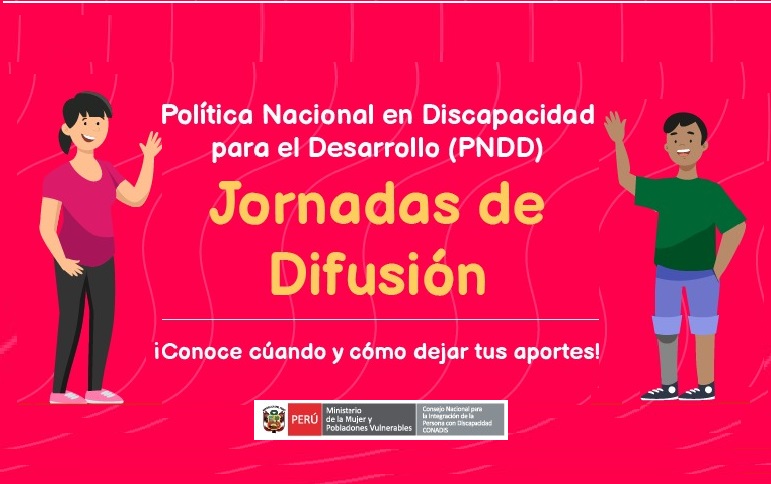 Banner de color rojo con dos personas señalando a Jornadas de difusión de la Política Nacional en Discapacidad para el Desarrollo.