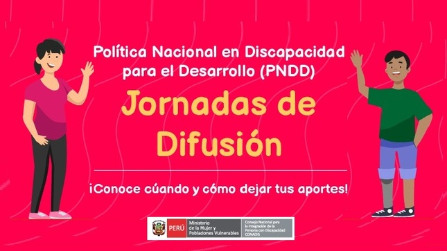 Banner de color rojo con dos personas señalando a Jornadas de difusión de la Política Nacional en Discapacidad para el Desarrollo.