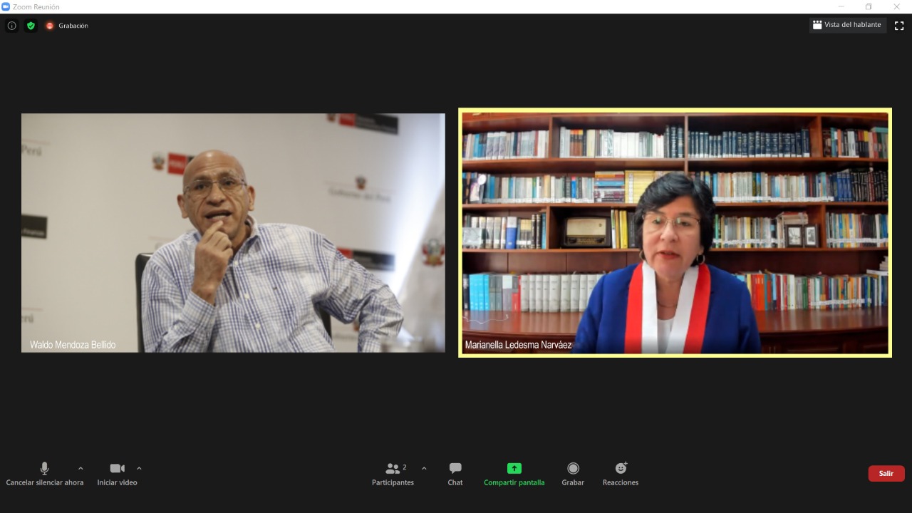 Reunión virtual entre la presidenta del Tribunal Constitucional, Marianella Ledesma y el ministro de Economía y Finanzas, Waldo Mendoza para hablar sobre los procesos de amparo en materia tributaria que llegan a este órgano constitucional.