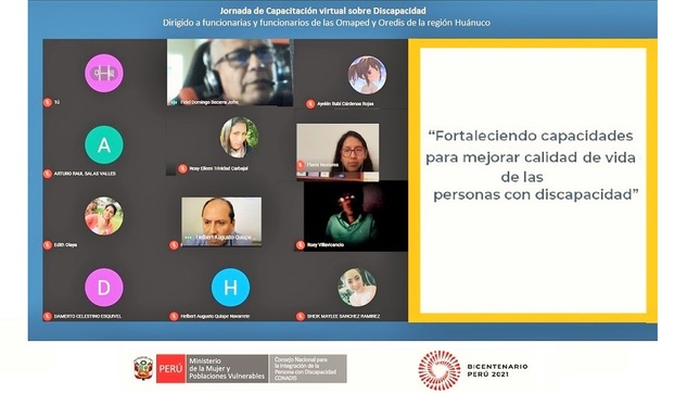 Imagen con fondo de color azul oscuro con varias caras de personas participantes en la jornada virtual sobre discapacidad .Son funcionarios de las Oredis y Omaped de Huánuco.