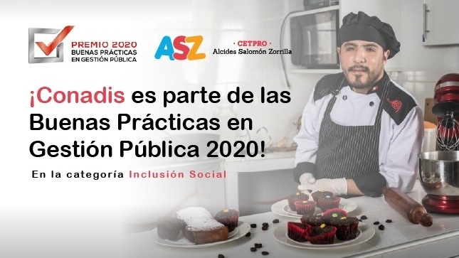 Banner que contiene una persona con discapacidad y texto que dice Conadis es parte de las Buenas Prácticas en gestión Pública del 2020.