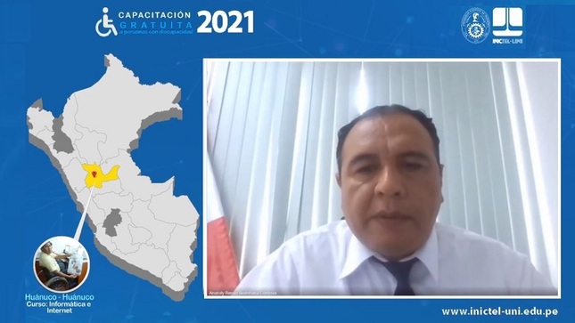 En la imagen: Presidente del CONADIS dando una charla a través de su laptop 