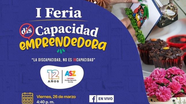 Imagen en fondo azul con letras se hace referencia a la I Feria de Capacidad Emprendedora y contiene otras imágenes como flores de color rosado, un pastel de chocolate y una tarjeta de navidad de color verde agarrado de una mano.