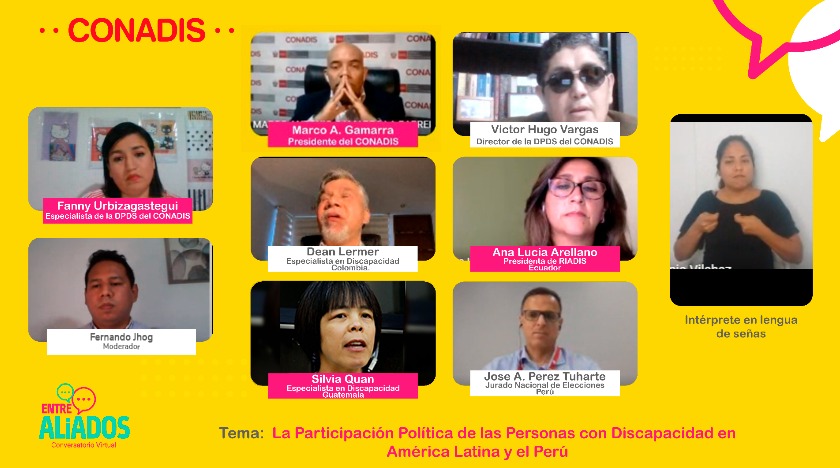 Banner de color amarillo y tiene las imágenes de los ponentes: Ana Lucía Arellano, Dean Lermer, Silvia Quan, José Pérez Duharte, Víctor Hugo Vargas, Marco Antorio Gamarra y los presentadores : Fanny Y Fernando.