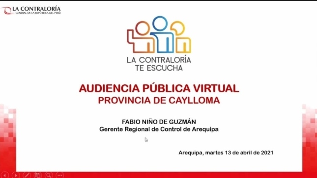 Imagen JPG de colaborador de la Contraloría en los interiores de una oficina, sentado y participando de la Audiencia Pública Virtual “La Contraloría te escucha” Caylloma, Arequipa.