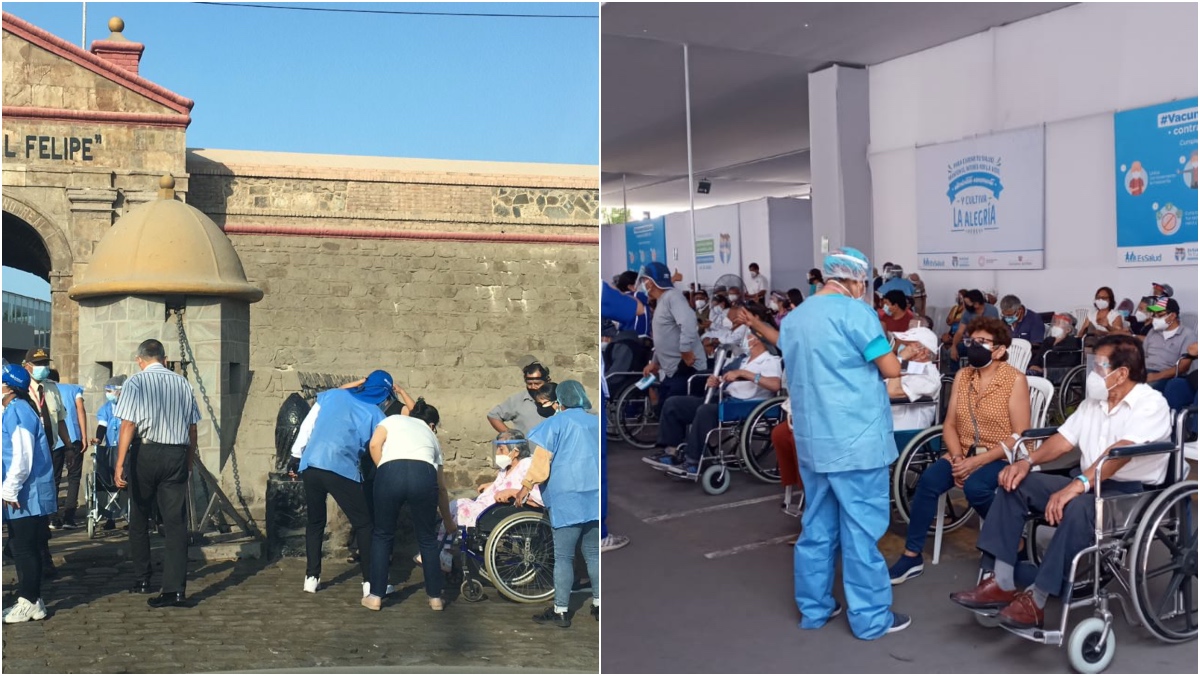 Collage de fotos de personas adultas mayores haciendo fila para ingresar a centros de vacunación