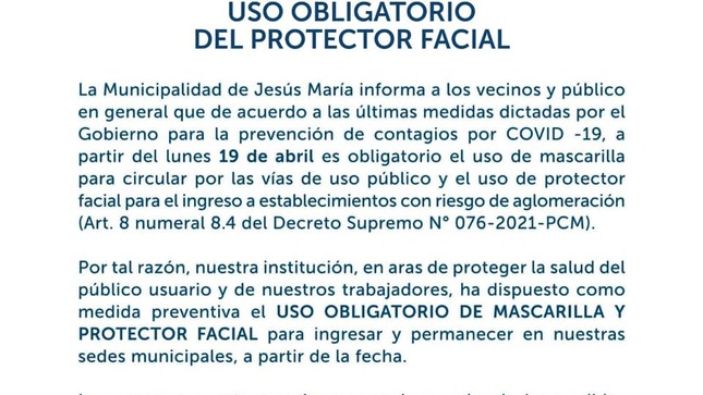 Como medida preventiva, el uso de protector facial será obligatorio para los vecinos y público en general que visita nuestras sedes realizar trámites municipales.
