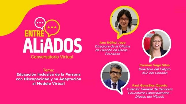 Imagen de color fucsia con letras blancas y foto de los expositores