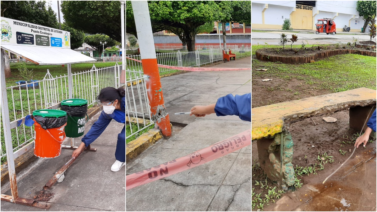 Collage de fotos mostrando mal estado de infraestructura de parque para menores de edad