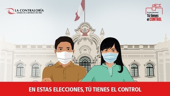 Imagen JPG de un banner de la campaña "En estas elecciones, tú tienes el control" donde aparece varón y una mujer con el fondo del Palacio de Gobierno del Perú.