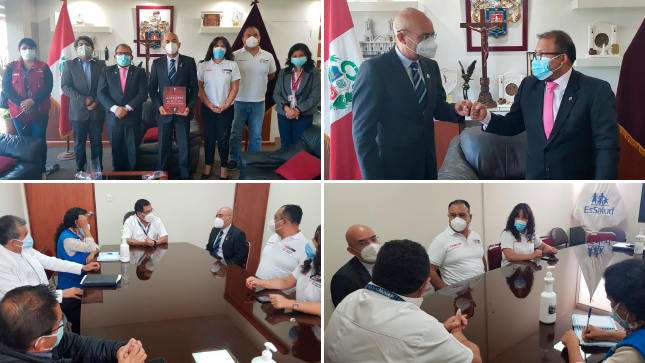Imágenes de las reuniones, el presidente del Conadis, Marco Antonio Gamarra, alcalde de la provincia de Arequipa, Omar Candia, y altos funcionarios de la Red Asistencial Arequipa de EsSalud,