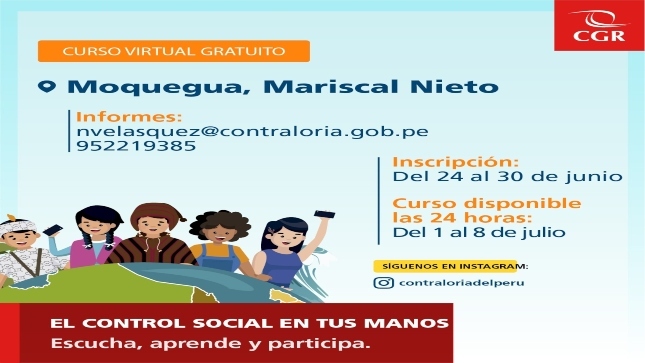 Imagen JPG de banner del curso virtual "El control social en tus manos" con los datos de correo electrónico y número celular para que los ciudadanos se inscriban.