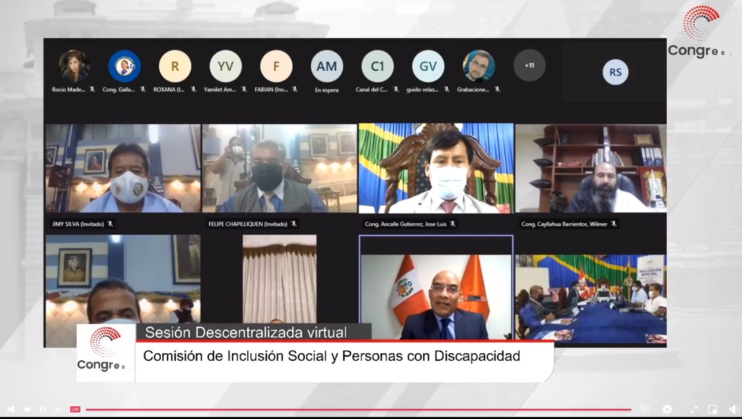 Sesión virtual descentralizada de la Comisión de Inclusión Social y Personas con Discapacidad con la presencia del congresista José Luis Ancalle, el presidente del Conadis, Marco Antonio Gamarra y otros miembros d ela mencionada comisión.