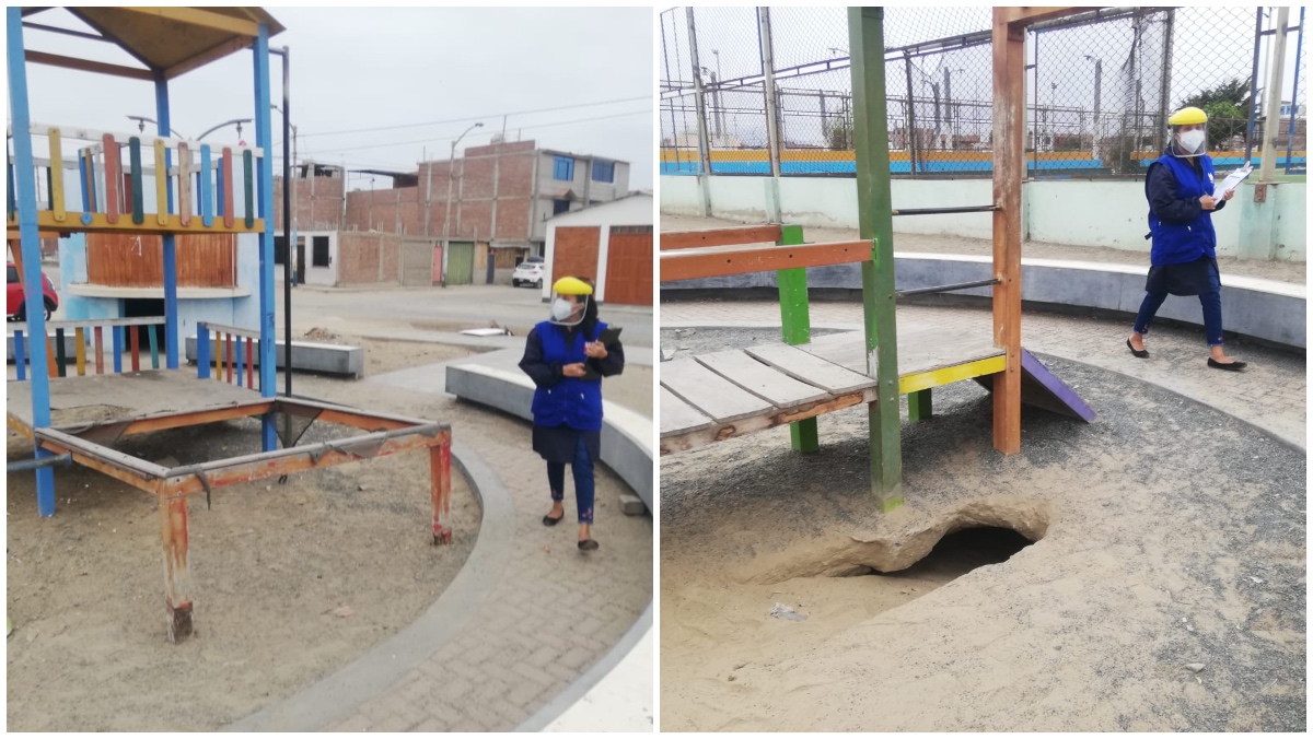 Foto de juegos infantiles en mal estado en áreas públicas
