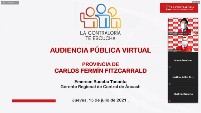 Imagen JPG de afiche de Audiencia Pública virtual en Áncash y fotografía de personas participando en la audiencia.