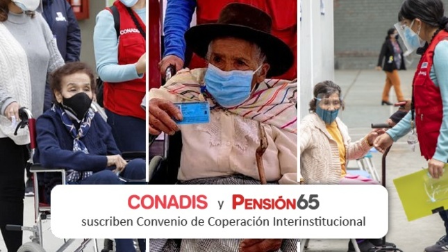 Imágenes de personas adultas mayores con discapacidad beneficiarias del programa Pensión 65  