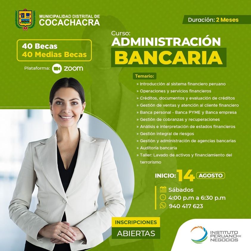 flayer del curso de administración bancaria, impartido por el Instituto Peruano de Negocios