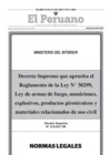 Vista preliminar de documento El 1° de abril de 2017, mediante Decreto Supremo N° 010-2017-IN, se aprobó el Reglamento de la Ley N° 30299, Ley de armas de fuego, municiones, explosivos, productos pirotécnicos y materiales relacionados de uso civil. Esta norma jurídica alcanza a las personas naturales o jurídicas, públicas o privadas, y detalla los diversos aspectos contemplados en los artículos de la ley, además de Disposiciones Complementarias Finales y Disposiciones Complementarias Transitorias.