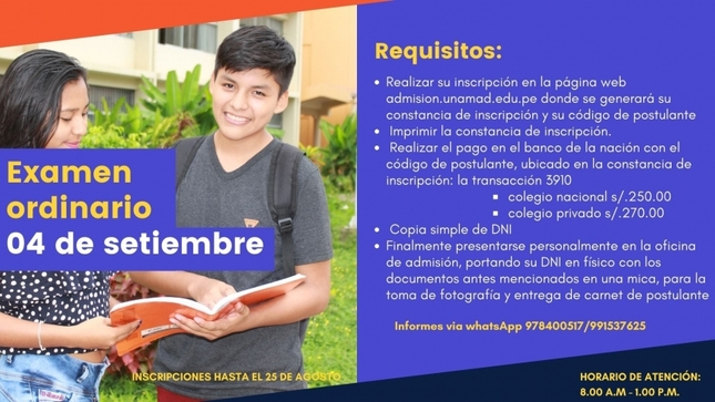 Examen Ordinario será el 04 de septiembre y dirimencia el 28 de agosto