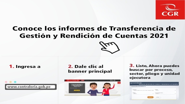 Imagen JPG con la descripción de los tres pasos para ingresar al aplicativo informático para acceder a Informes de Transferencia de Gestión y Rendición de Cuentas.