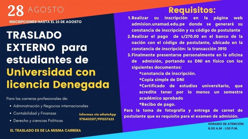 Con Resolución Viceministerial N° 248-2021-MINEDU, de fecha 10 de agosto, se aprueba el documento normativo “Orientación para traslado externo extraordinario en universidades públicas