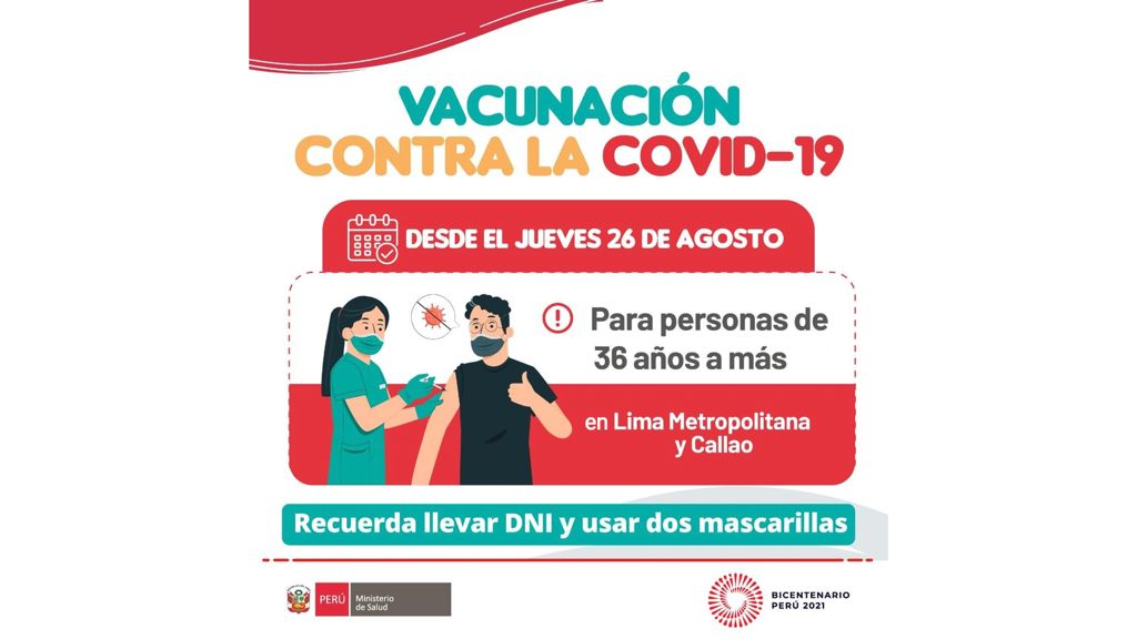 Este jueves 26 de agosto se iniciará la vacunación a mayores de 36 años en Lima Metropolitana y Callao