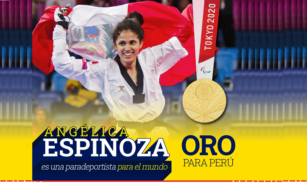 La Para taekwondista Angélica Espinoza gana la medalla de oro en los Juegos Paralímpicos de Tokio 2020 se muestra con la bandera del Perú y7 una medalla de oro con letras grandes que dice Angélica Espinoza para atleta para el mundo y ORO para Perú.