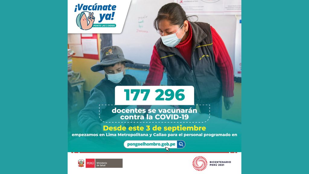 Minsa: Vacunación contra la COVID-19 a docentes de zonas urbanas inicia mañana 3 de setiembre