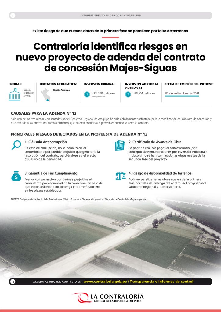 Contraloría observó Adenda N° 13 del contrato de concesión del Proyecto Majes-Siguas
