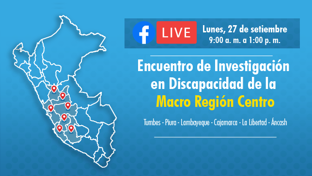 Imagen con foto azul y contiene el texto de : Invitación a seguirnos en FB y tiene el nombre de ENCUENTRO DE INVESTIGACIÓN EN DISCAPACIDAD DE LA MACRO REGIÓN CENTRO