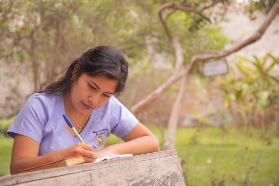 Estudiando leyendo sus apuntes en un parque